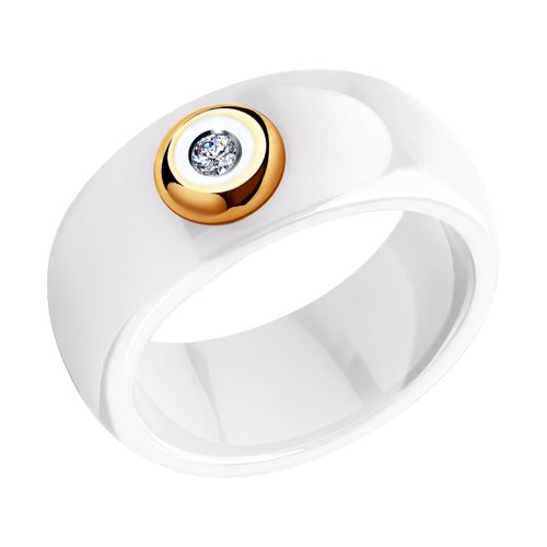 Белое керамическое кольцо с золотом и бриллиантом Артикул 6015013