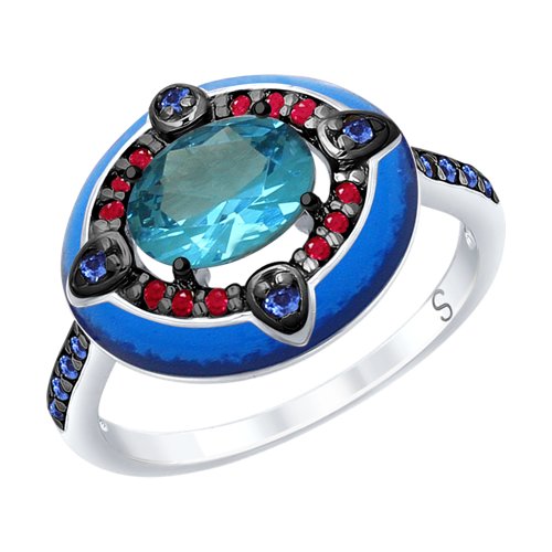 Кольцо из серебра с эмалью с синим ситаллом и красными и синими фианитами Артикул 92011699