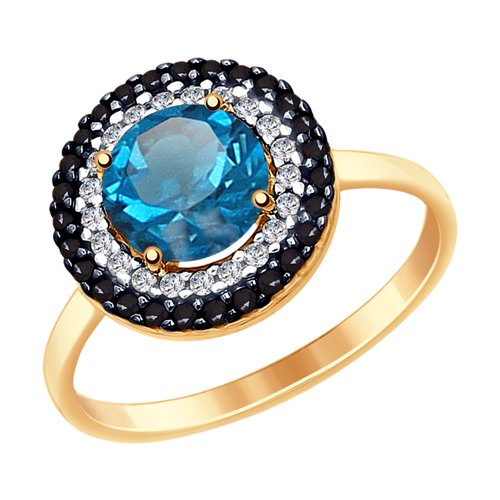Кольцо из золота с синим топазом и бесцветными и чёрными фианитами Артикул 714973
